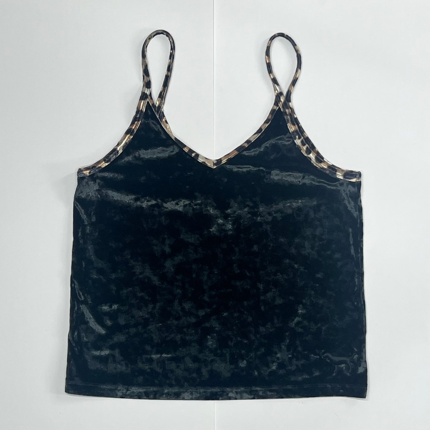 Black velvet tank top with leopard print trim