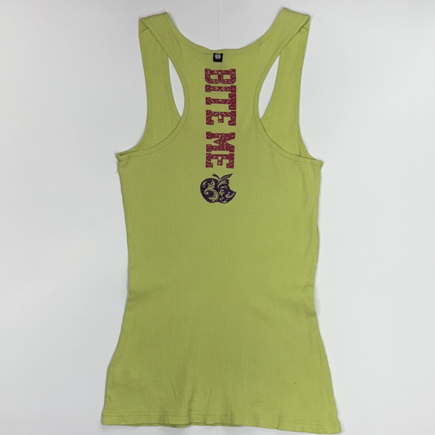 Apple Bottoms Womens Tank Top | Y2K Lime Green 'Bite Me' Graphic Racerback | Size Large